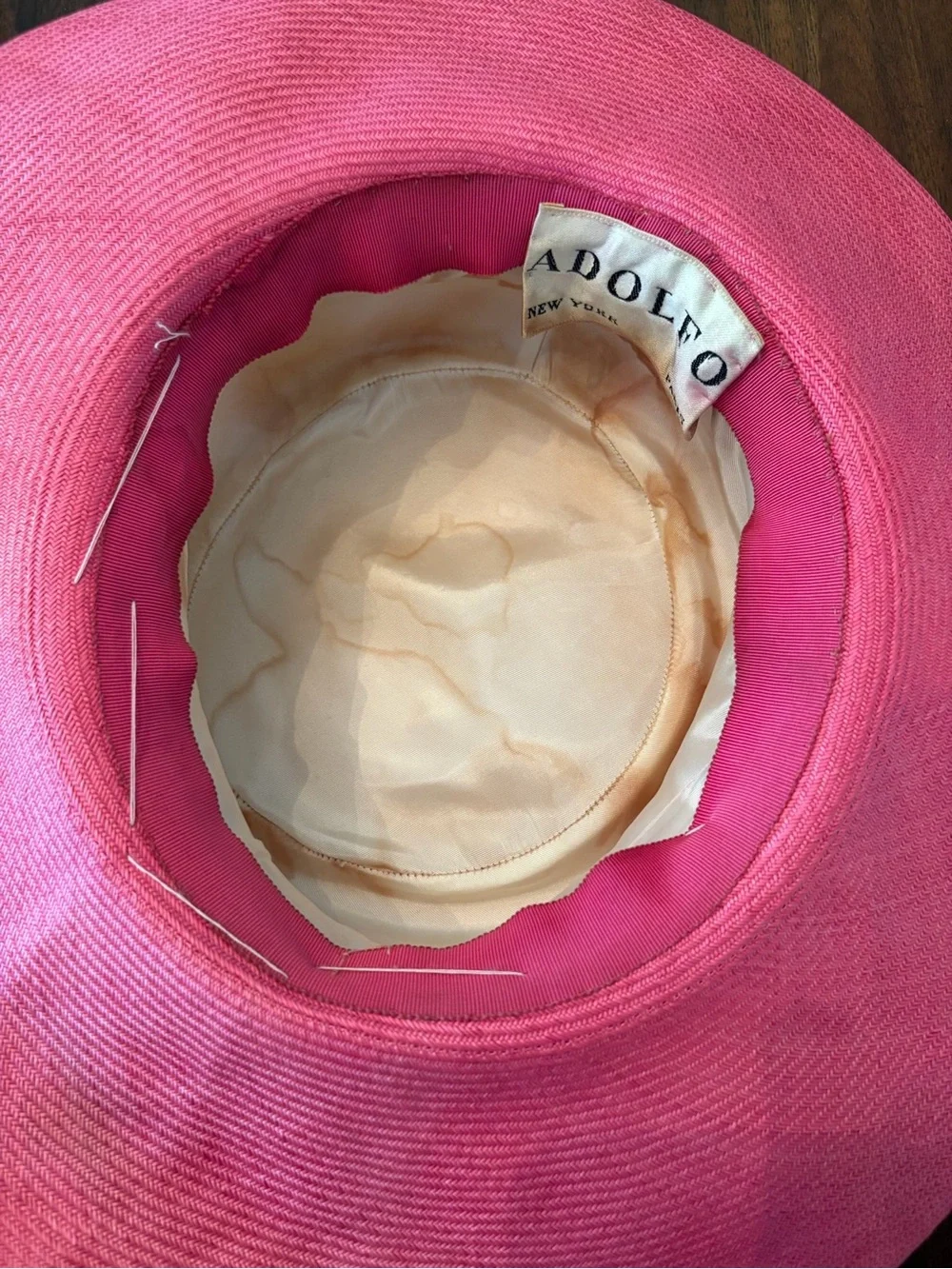 Vintage Adolfo New York Straw Hat Wide Brim Pink Floral Boater Derby